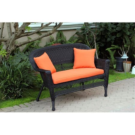 JECO Black Wicker Patio Love Seat With Orange Cushion And Pillows W00207-L-FS016-CL